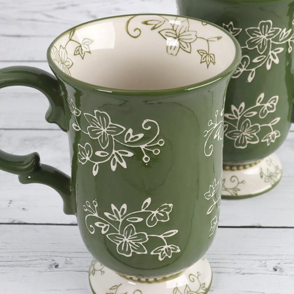 Floral Lace Green Tall Pedestal Mugs by Temp-Tations - Set of Two - Picture 6 of 11